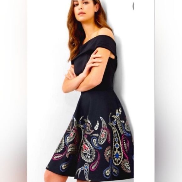TED BAKER ADZE BARDOT METALLIC SKATER DRESSS size 1 USA XS - Picture 2 of 15